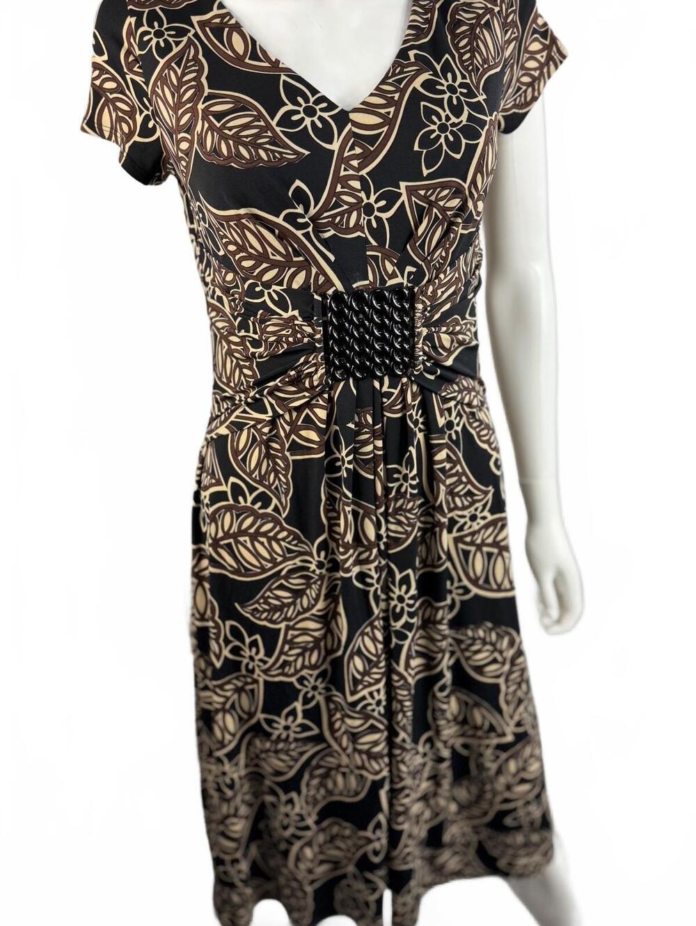 Black and Brown Leaf Print Mid-Length Dress with Decorative Waist Detail